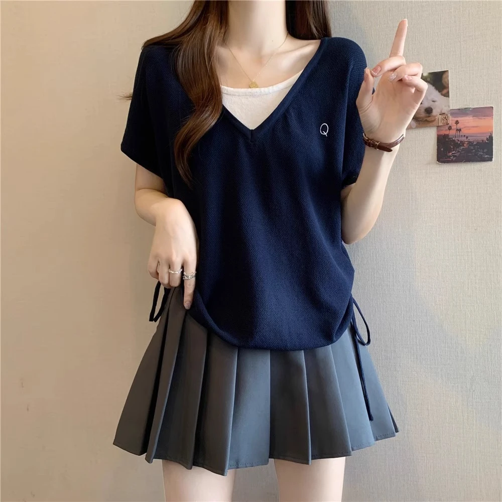 设计感假两件V领抽绳短袖t恤女夏季大码胖mm显瘦遮肚百搭针织上衣