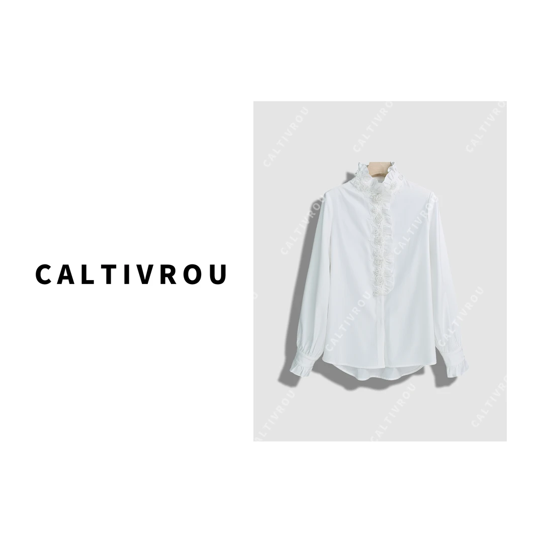 Caltivrou【现货】【定制抗皱天丝】重工钉珠立体花朵衬衫-HK-Y14551