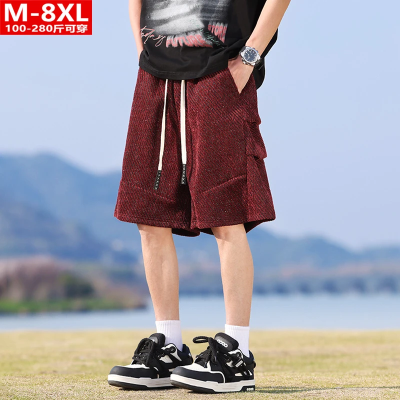 夏季潮流港风男装时尚条纹五分中裤胖大码加肥宽松运动休闲短裤衩