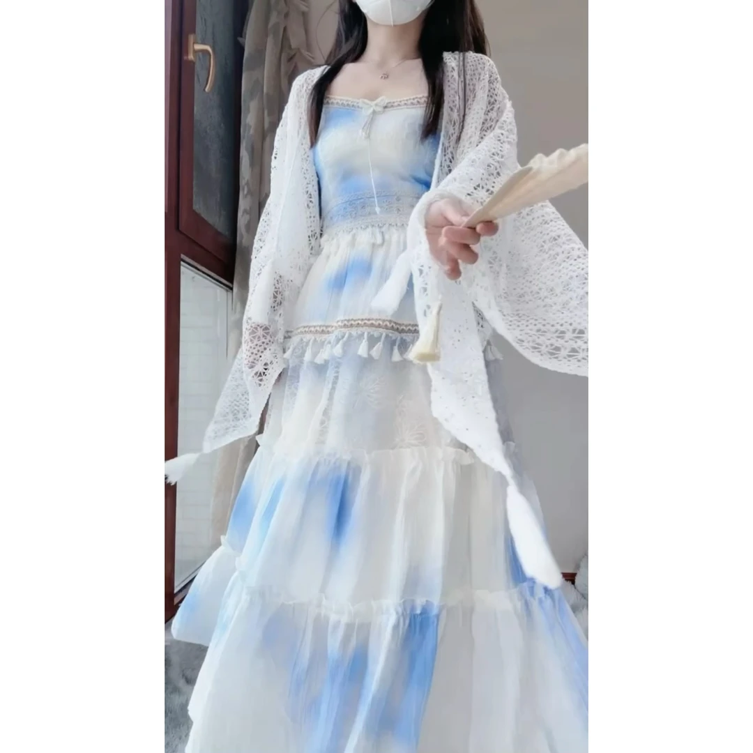 夏季新款设计款高质版波西米风仙气外搭松紧美背半身裙仙女裙套装