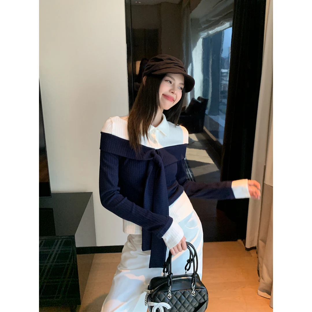 polo领长袖内搭t恤女打底衫早秋韩系设计感修身假两件上衣