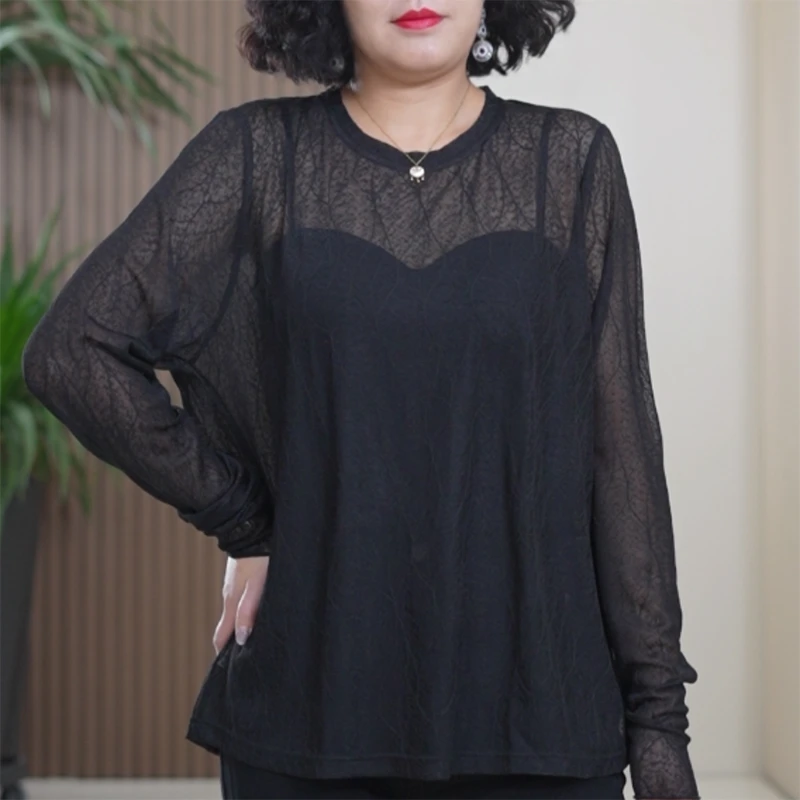 提花网纱打底衫女70D高弹力丝百搭大码四季T恤柔纱不扎人性感上衣