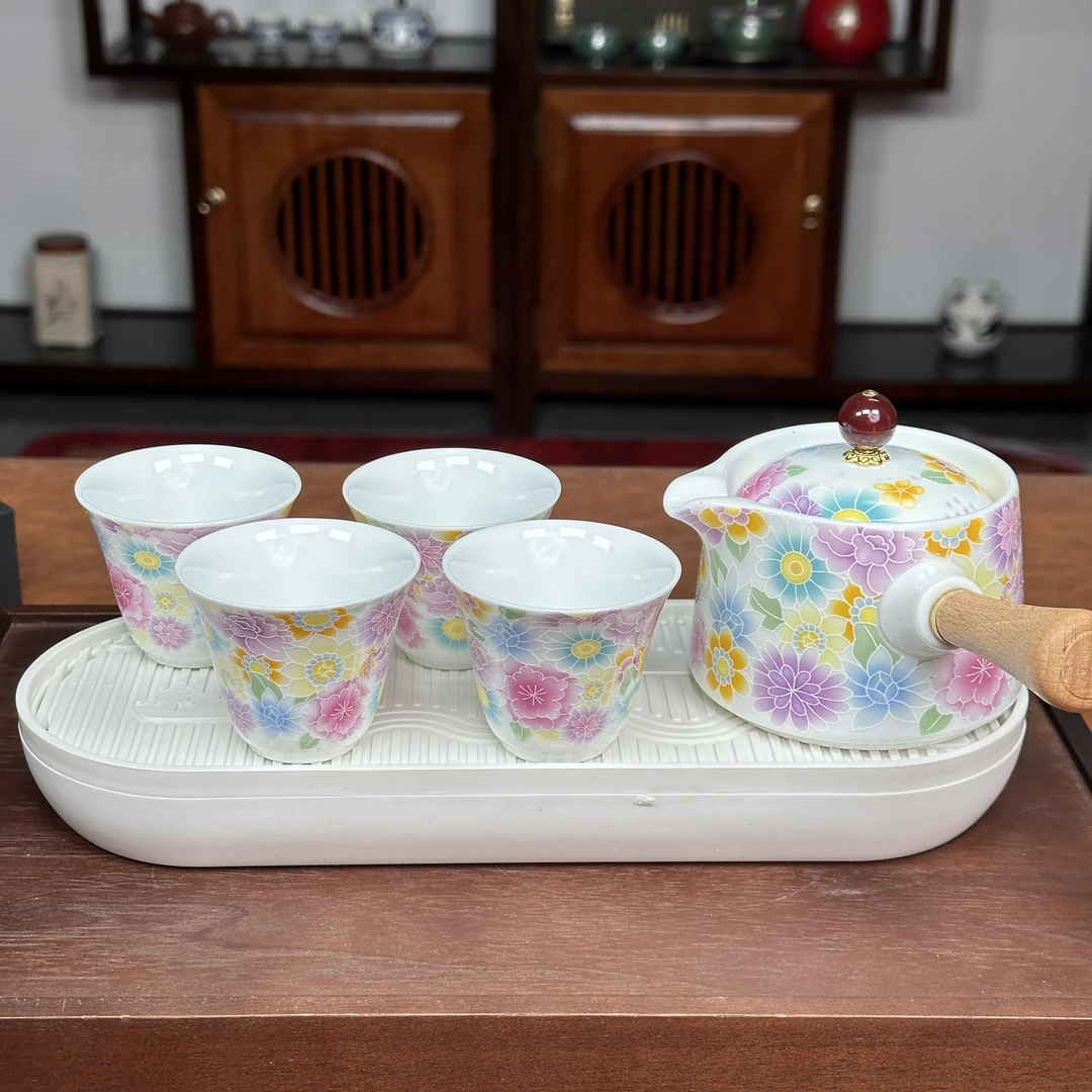 仿古釉堆料万花-侧把壶（一壶四杯加茶盘） ZHZ422