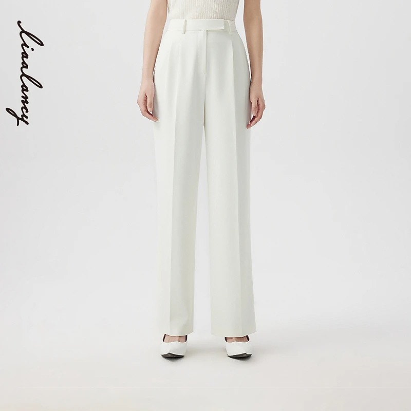 【专柜同款】夏季新款白色垂感高腰显瘦西装裤女设计感直筒裤子