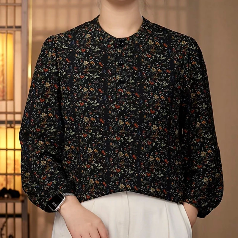 【212】小碎花2025年新款长袖小衫显白遮肉显瘦妈妈装