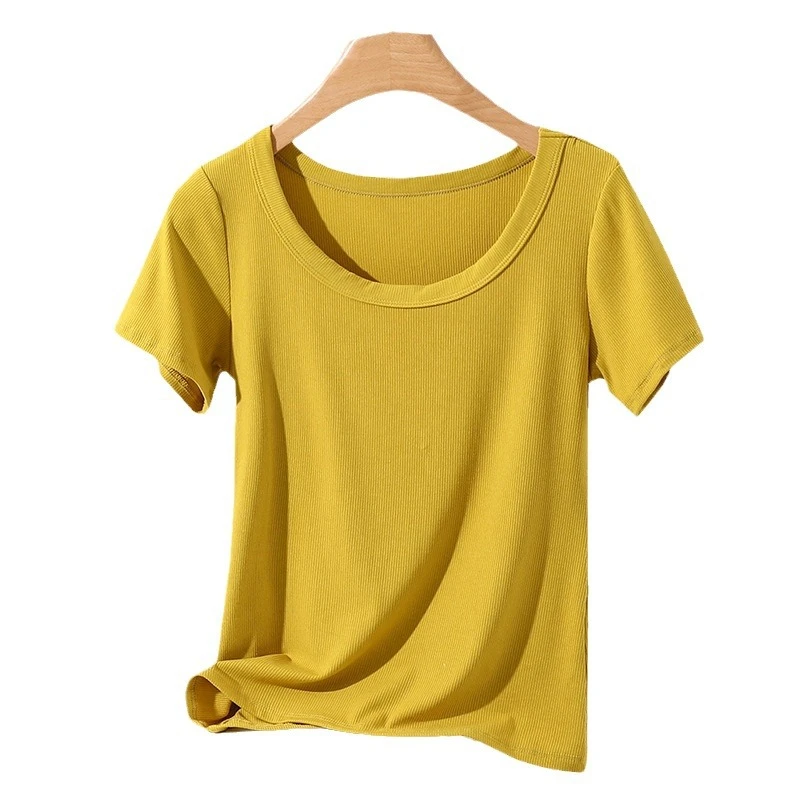 修身型上衣纯色螺纹百搭圆领打底衫外穿女T恤洋气内搭短袖夏季针