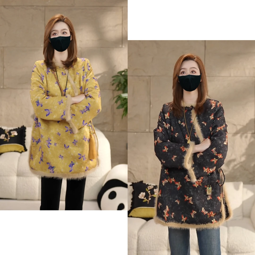 Miss.Z【水貂蝶舞】中式侧门襟拼接水貂毛夹棉外套#w3010