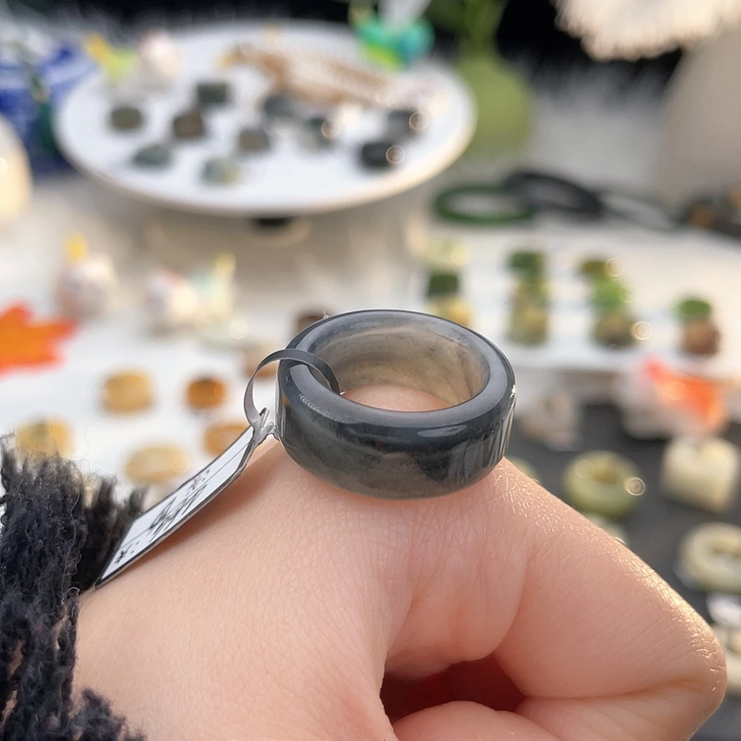 和田玉未镶嵌戒指k61 黑青花圆切17.4mm
