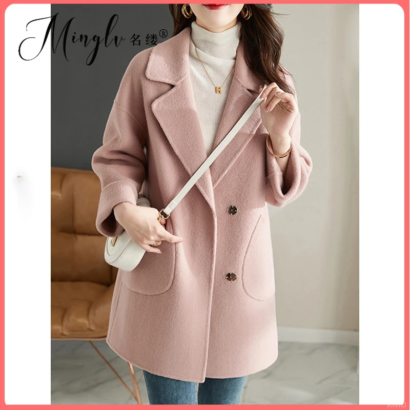 双面秋冬季轻奢粉色零时尚简约呢子外套大衣女轻奢2025年中长新款