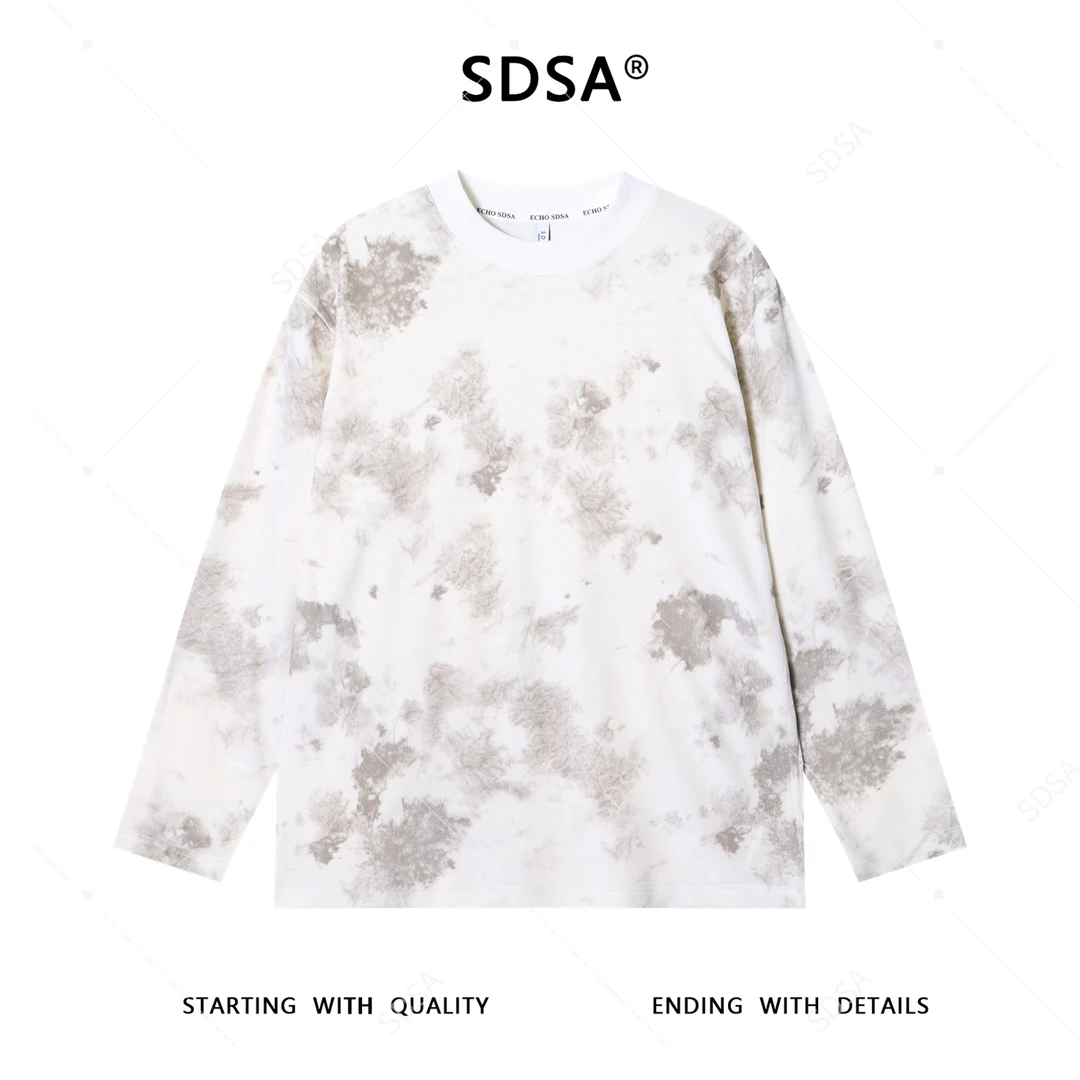 SDSA男士秋冬新款痞帅男装复古扎染水墨圆领长袖T恤宽松百搭上衣
