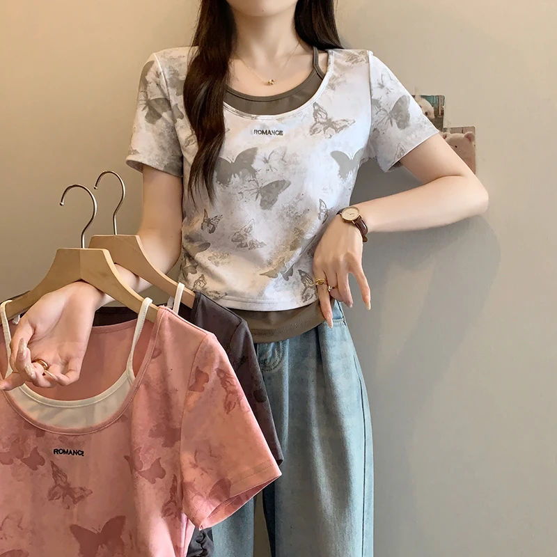 2025夏装新款胖mm大码女装设计感蝴蝶圆领通勤撞色假两件短袖T恤