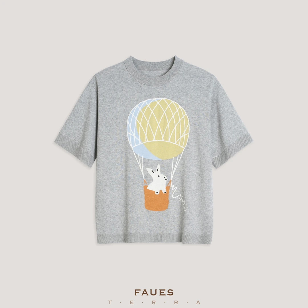 FAUES 飞屋环游 全棉手工提绣精致休闲宽松轻薄舒适圆领针织T恤