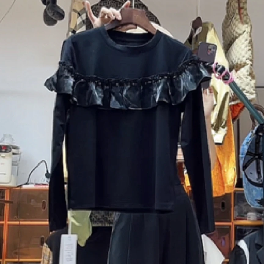 55仙气妹子 春秋棉质 荷叶边串珠珠拼接圆领T