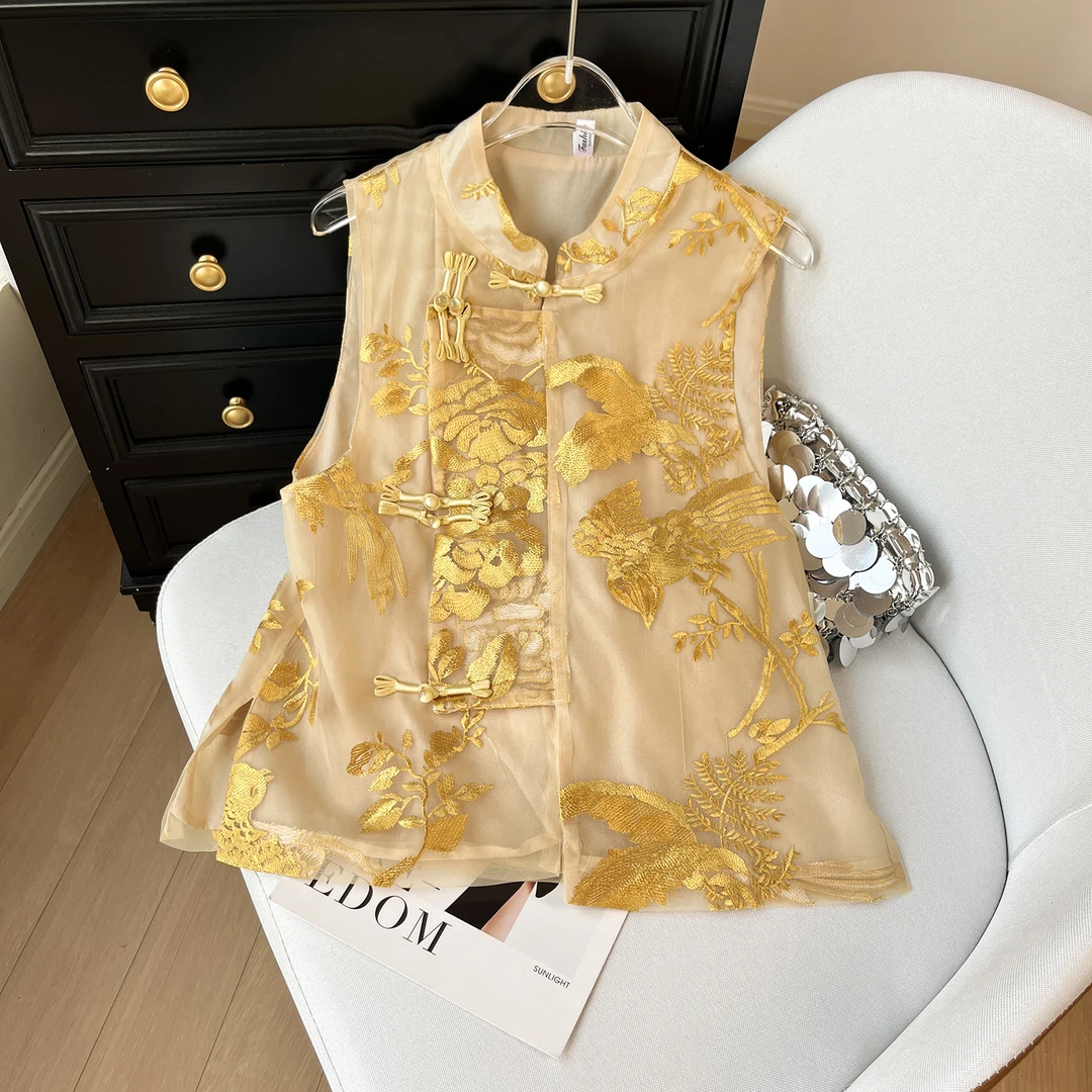 6576新中式女装中国风老钱风轻奢高级感穿搭减龄百搭欧根纱马甲