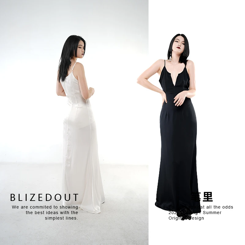 笔里【BLIZEDOUT】独立设计师5082304黑/白色v口收腰显瘦吊带连衣裙