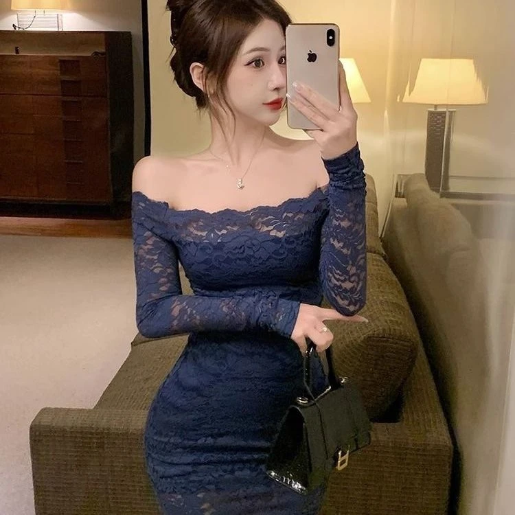 气质名媛一字肩蕾丝长袖包臀超仙内搭紧身弹力显瘦包臀遮肚连衣裙