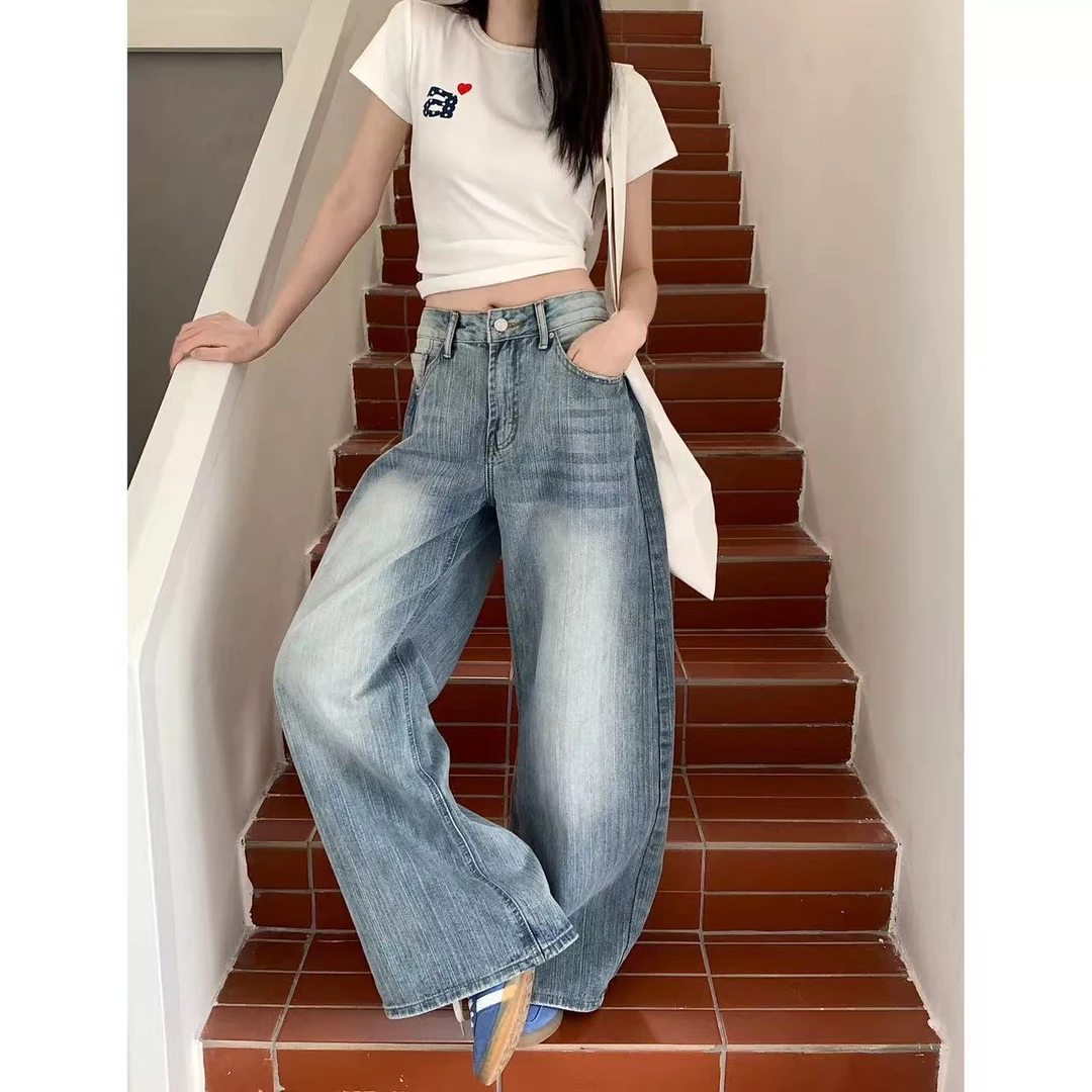 辣妹高腰显瘦牛仔裤女夏季2025新款百搭宽松休闲阔腿弯刀拖地长裤