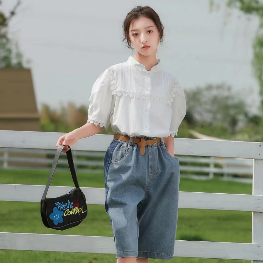 青少年牛仔女宽松套装儿童套头夏季少女风纯色衬衫高腰童装休闲风