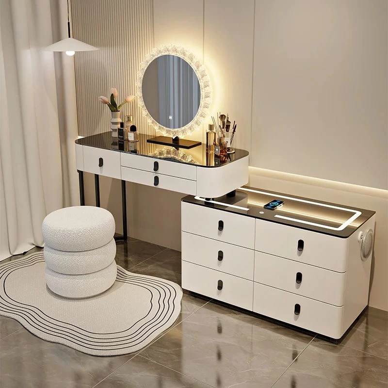 新款实木智能梳妆台现代简约奶油风转角化妆桌斗柜一体2025新款桌