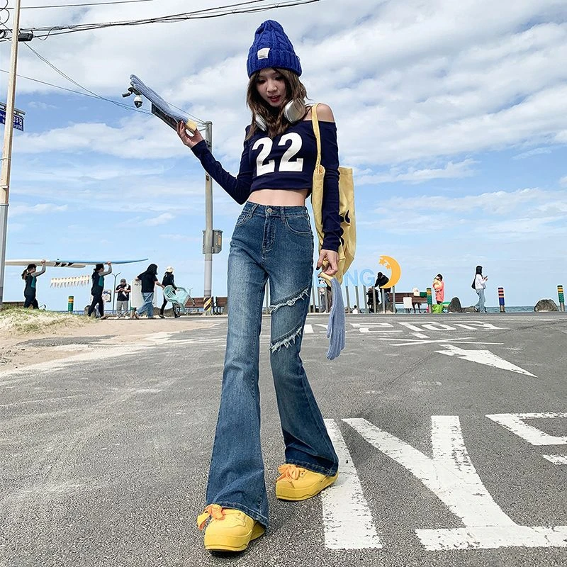 复古流苏设计感微喇牛仔裤女2025小个子高腰弹力修身马蹄喇叭裤子