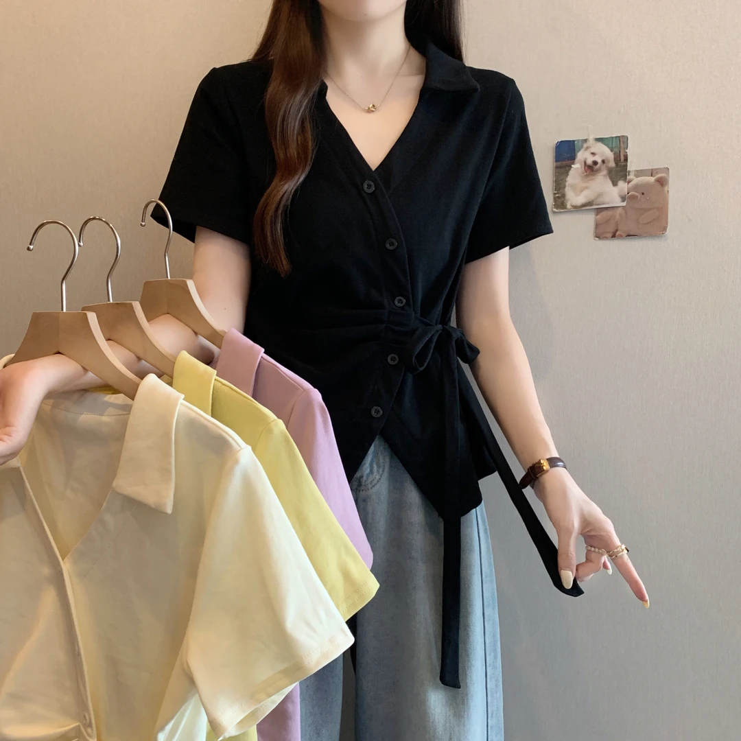 法式修身T恤女纯色简约2025夏款女装气质V领薄款上衣财阀千金女装