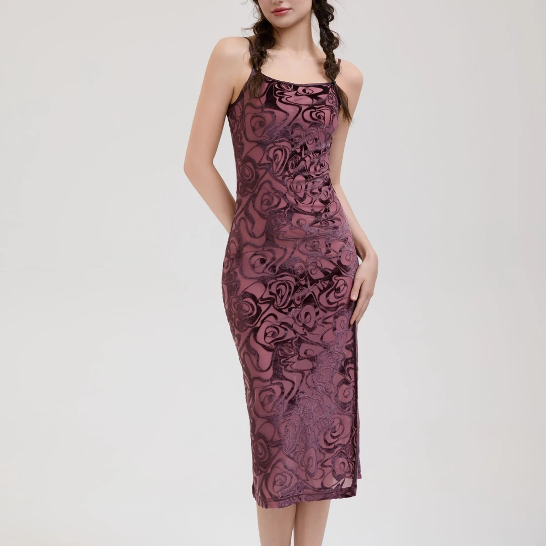 Pixie&Peach Hope高贵丝绒棕优雅吊带高开叉提花丝绒长裙蕾丝性感