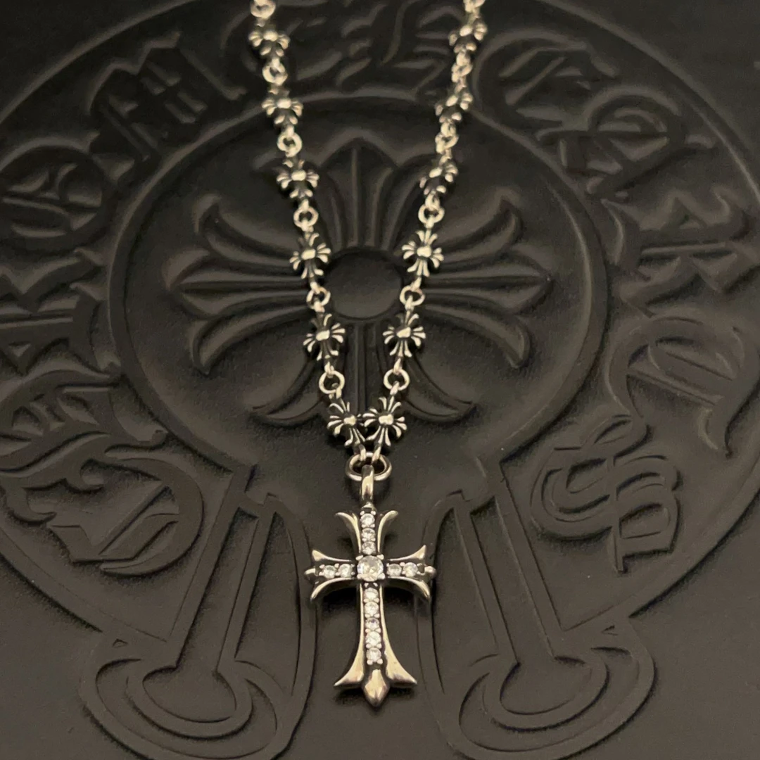 铜合金项链 【028】银色一体链克罗十字架项链男士摇滚机车风项链