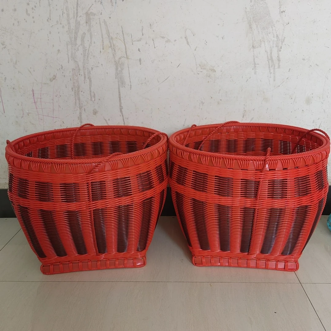 圆形藤编仿木质大号箩筐塑料手提家用一对拜神新房喜庆手工编织篮