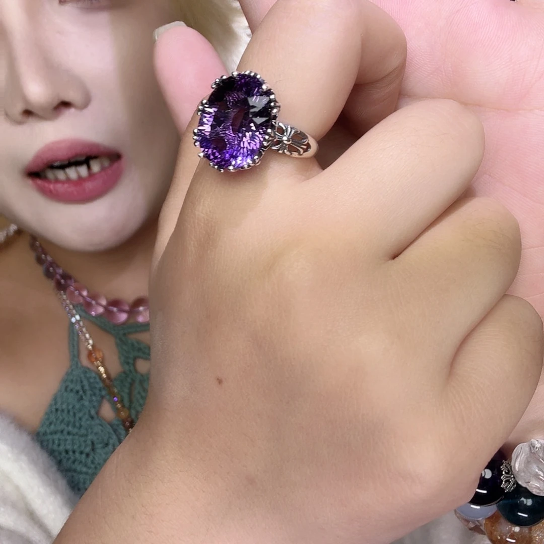 水晶戒指银S925镶嵌黑糖