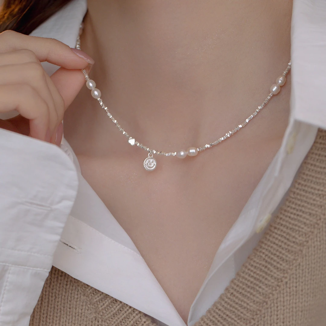 链子925银 S925纯银笑脸碎银子项链轻奢女简约小众七夕情人节礼物