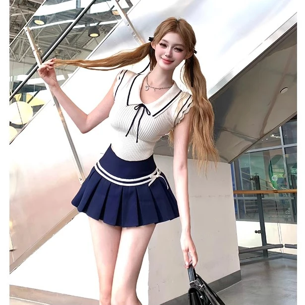 【恋夏告白】夏季学院风小飞袖软糯针织显瘦上衣女+百褶短裙JK套装