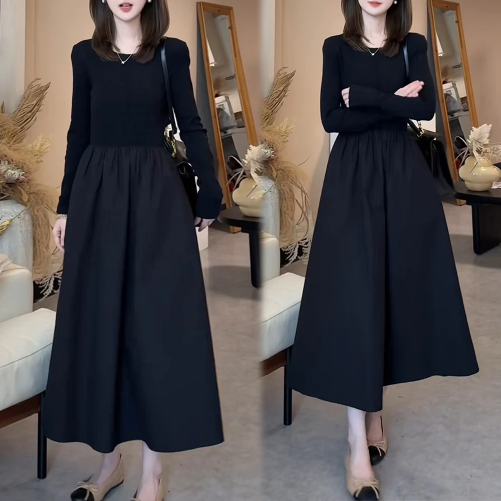 法式赫本风收腰长袖连衣裙女2025春秋新款气质显瘦内搭打底小黑裙
