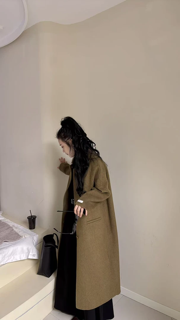 【H·B：衣长115CM】韩系小翻领单排扣插肩袖双面羊毛大衣