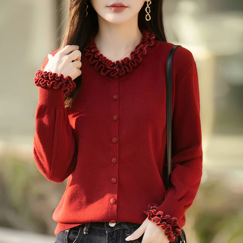 【现货宠粉】新款长袖针织衫女套头花边领显瘦纯色毛衣保暖打底百搭