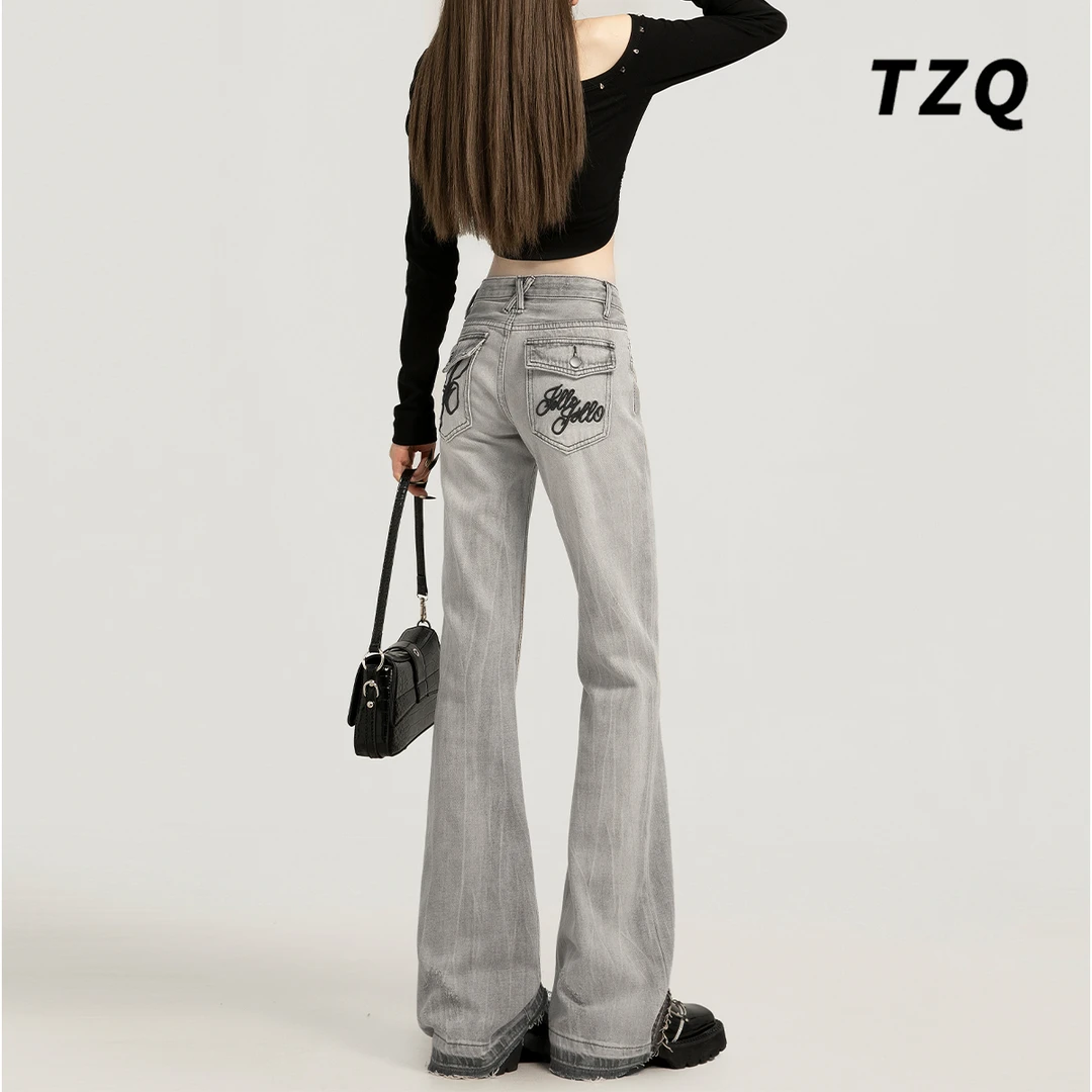 高街辣妹低腰微喇毛边牛仔裤女2025新款刺绣做旧拖地长裤TZQ91272