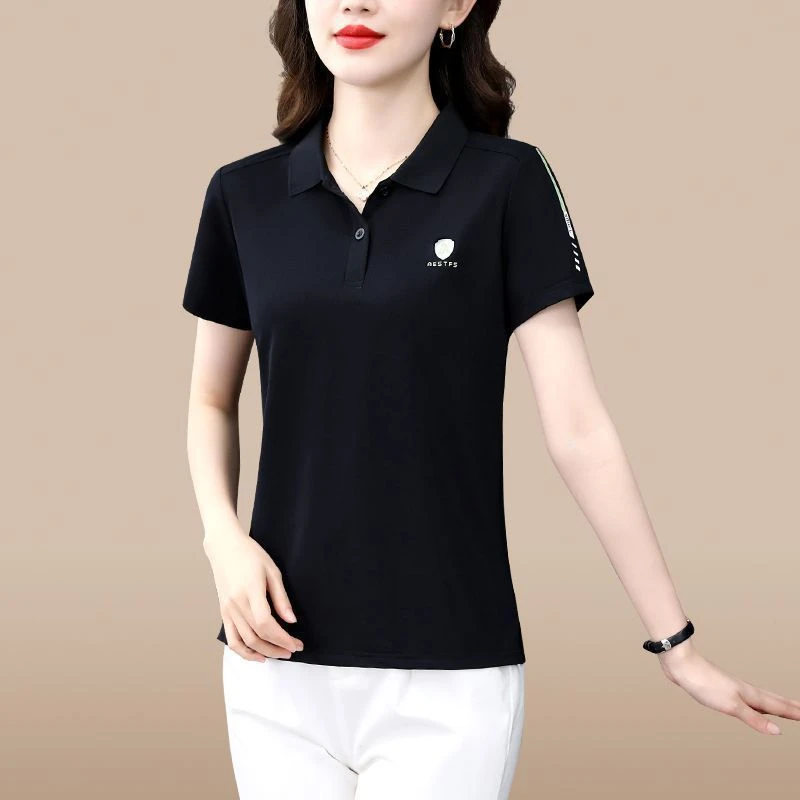 807黑色夏季短袖t恤女妈妈polo衫夏装宽松大码女士显瘦翻领上衣