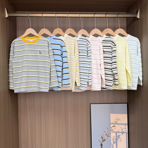 初秋条纹圆领中大童针织T恤多巴胺色长袖上衣