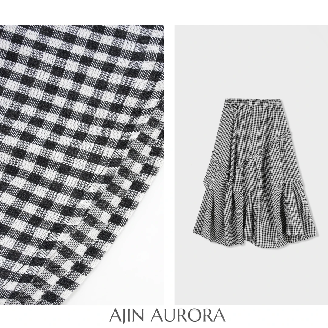 【清风徐徐】夏季新款松紧腰法式黑白格不规则A字高腰显瘦半身裙
