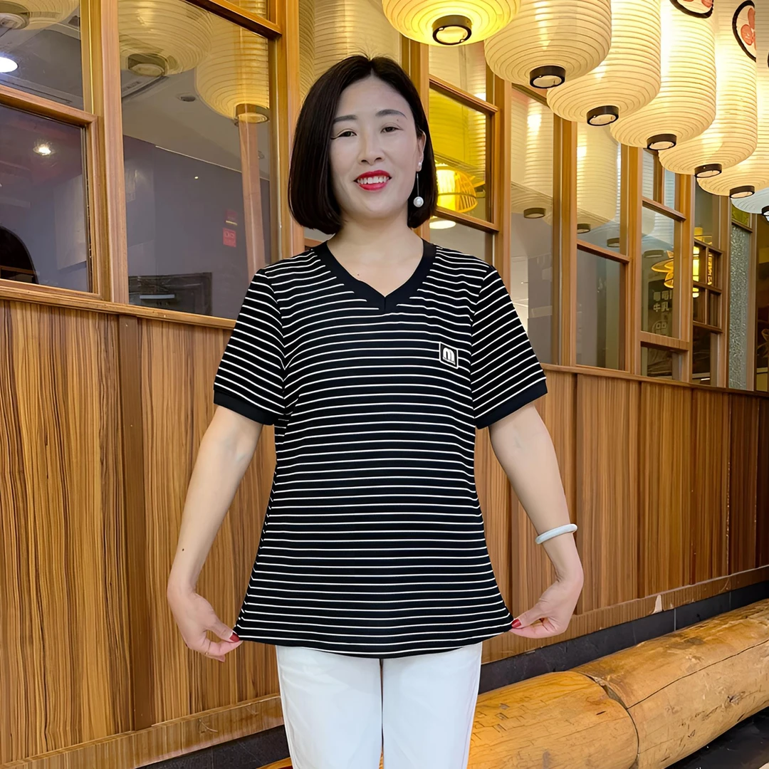 夏季新款大码条纹短袖宽松显瘦遮肚减龄上衣