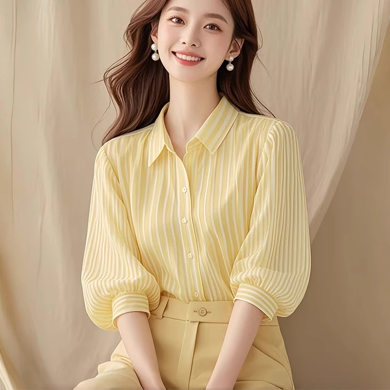 黄色polo领七分袖正肩衬衫女2025年夏季新款韩系独特绝美半袖上衣