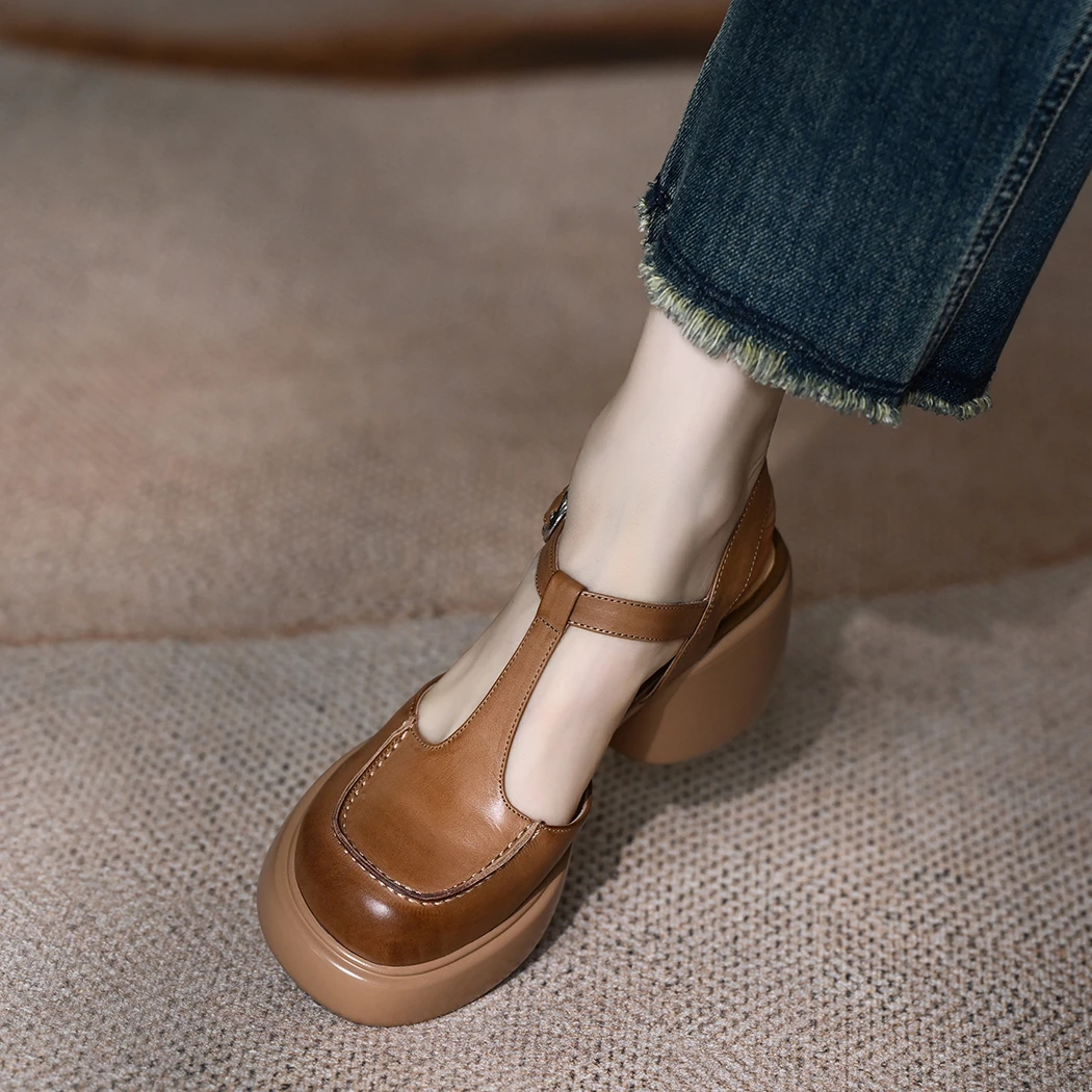 高跟鞋女2025新款牛皮包头后空厚底粗跟防水台小个子凉鞋