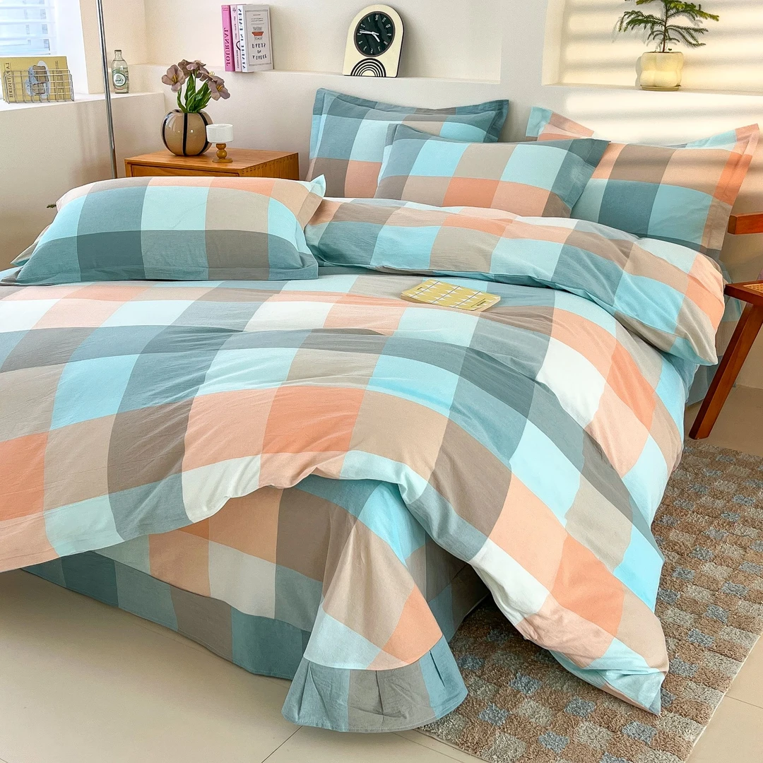 大格绿【爆款热卖】A类100%全棉色织水洗棉四件套轻奢简约格子柔软