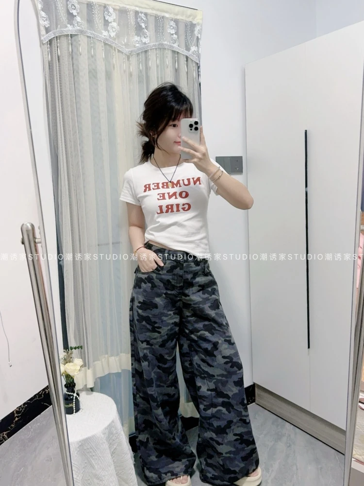 迷彩美式牛仔裤工装夏季阔腿复古裤子高腰宽松显瘦直筒拖地新款潮