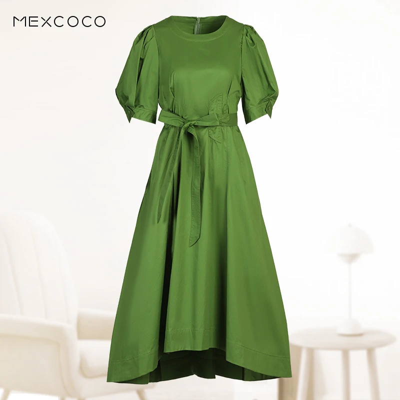 MEXCOCO/兰瑟儿夏新气质简约圆领泡泡袖收腰显瘦连衣裙105XL2725