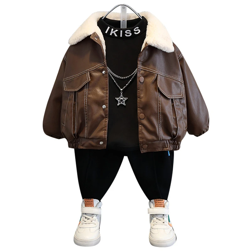 童装男童加绒皮衣外套2025新款宝宝冬装上衣服儿童加厚保暖皮夹克