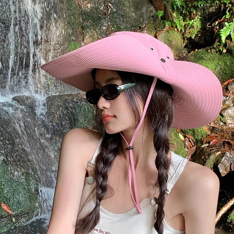 户外大帽檐登山帽女夏季西部牛仔防晒帽子遮阳帽粉色多巴胺渔夫帽