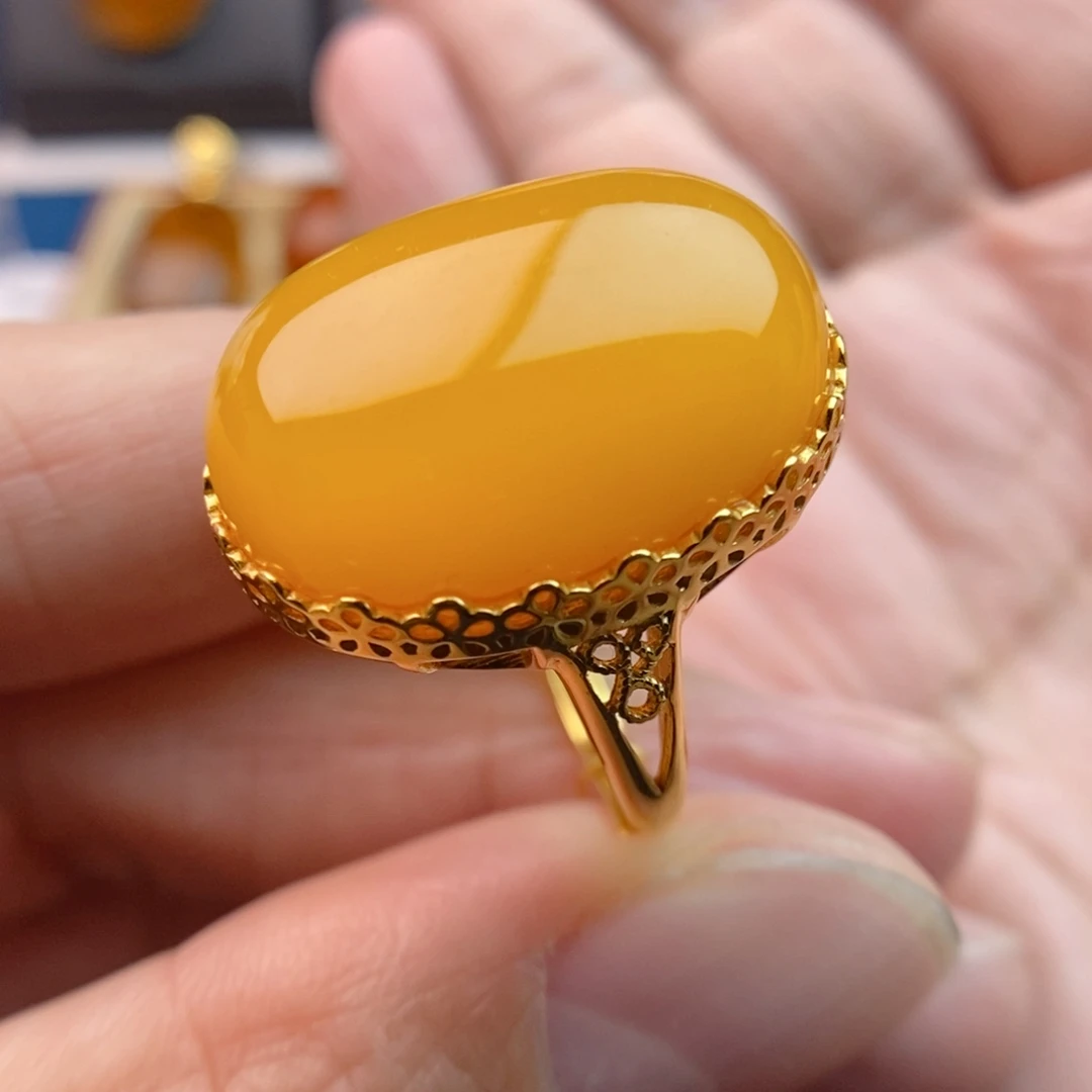 琥珀戒指银S925镀金镶嵌