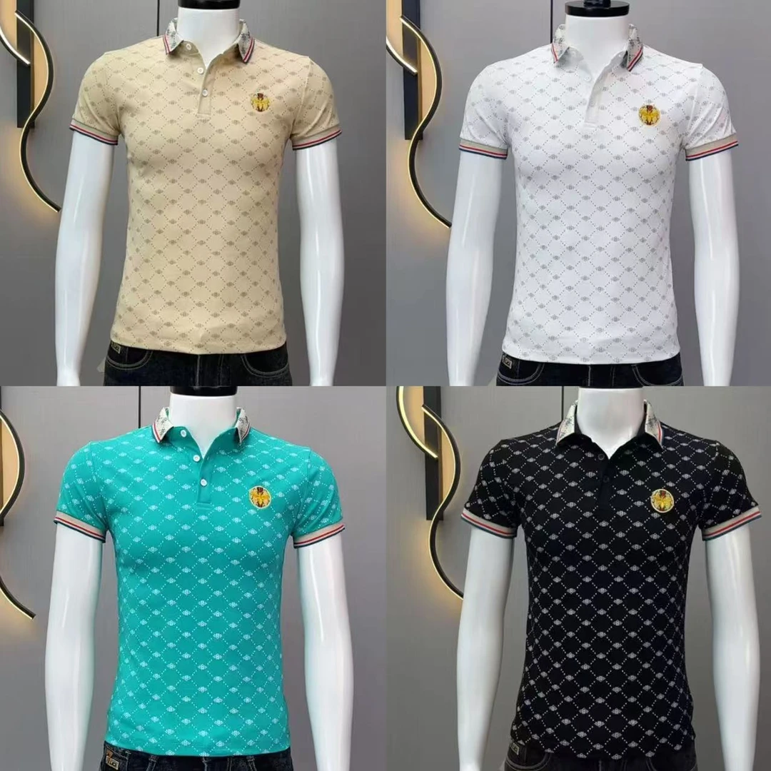 2025夏季男士polo衫翻领拼色印花男潮流帅气百搭修身短袖T恤上衣
