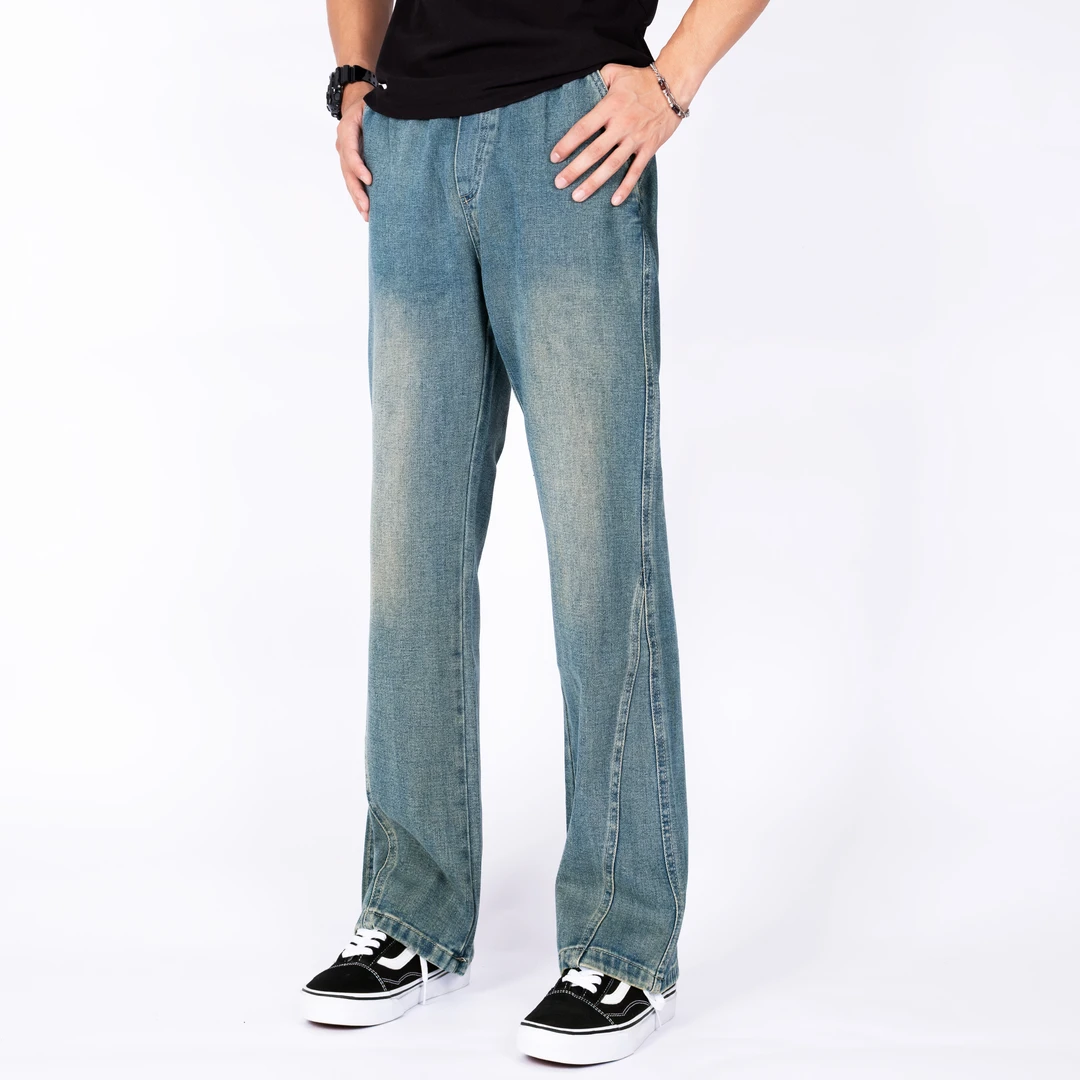 设计感复古蓝微喇直筒牛仔裤男阔腿宽松美式2025牛仔九分裤子夏季