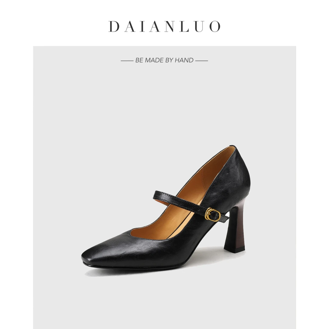 【跟高6cm】春季简约法式单鞋一字带玛丽珍高跟鞋方头粗跟百搭皮鞋